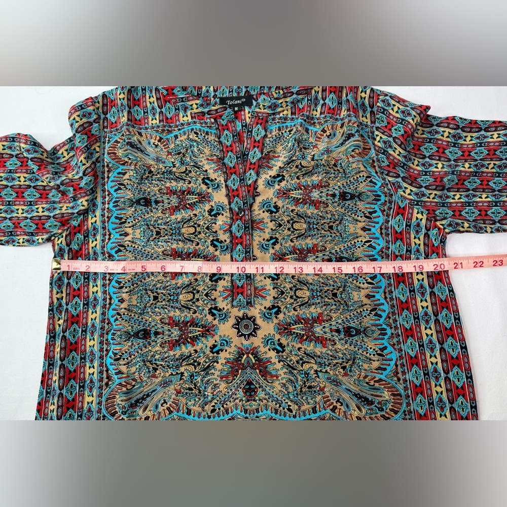 Tolani Lorraine Silk Long Sleeve Blue and Red Patterned Midi Dress Size Medium - Picture 8 of 9